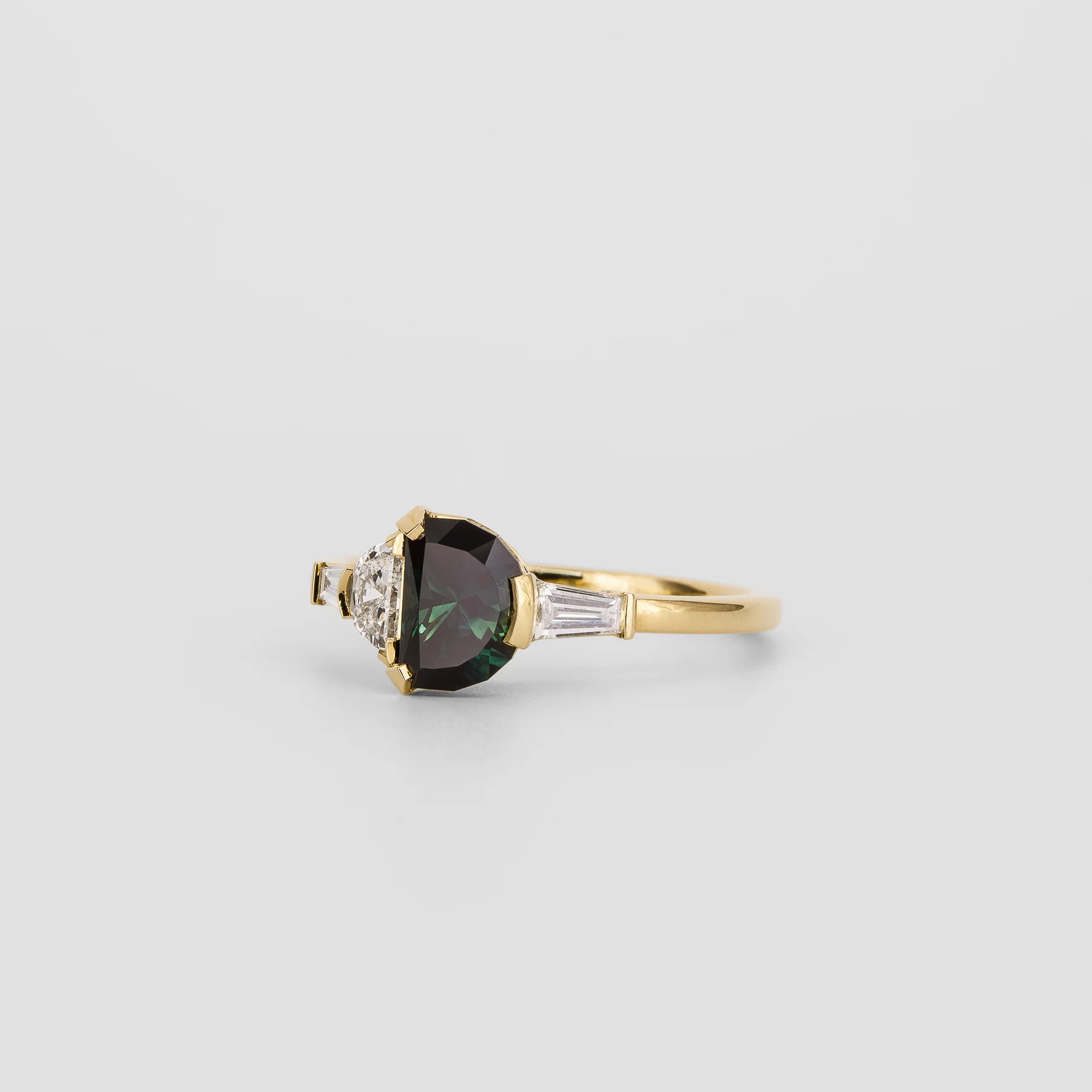 Alma 1.08ct Teal Sapphire Half-Moon Engagement Ring with Baguette Diamonds - Image 3